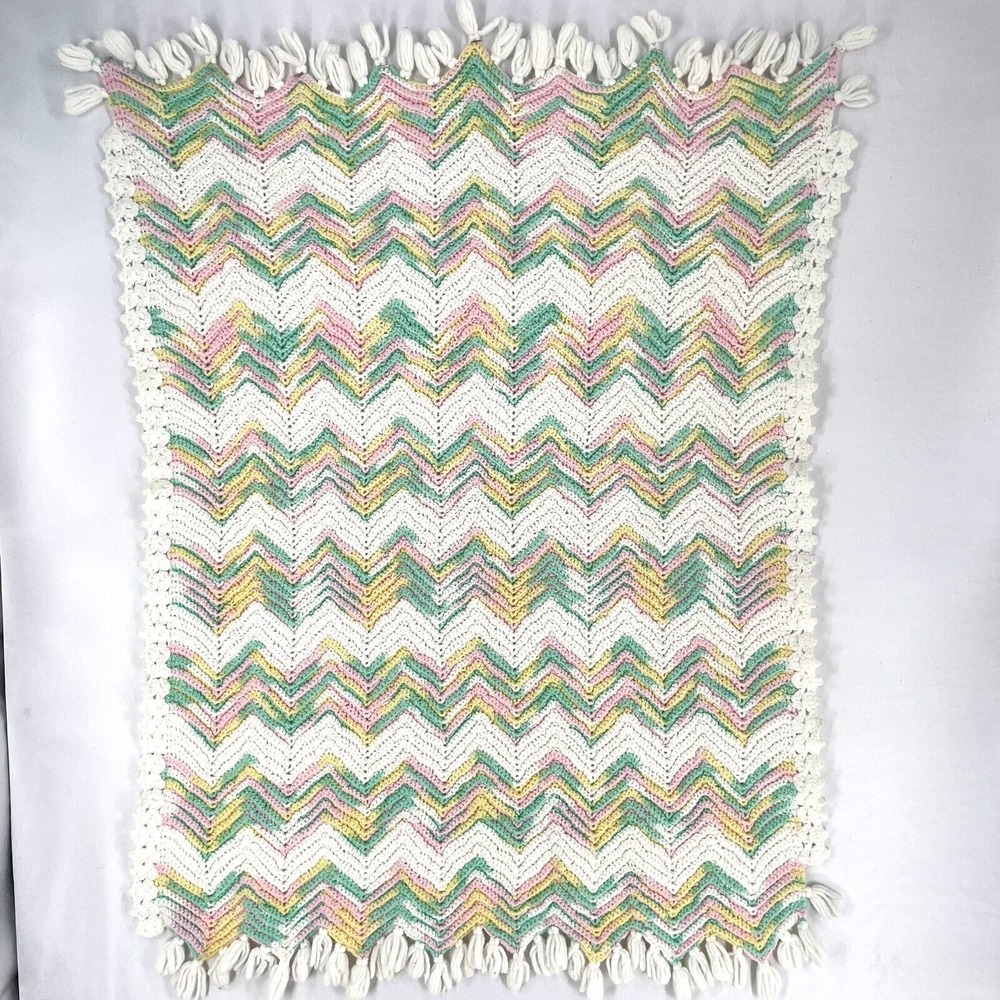 Handcrafted Crochet Baby Blanket 36 x 62‎  ZigZag Multicolor Throw Blanket